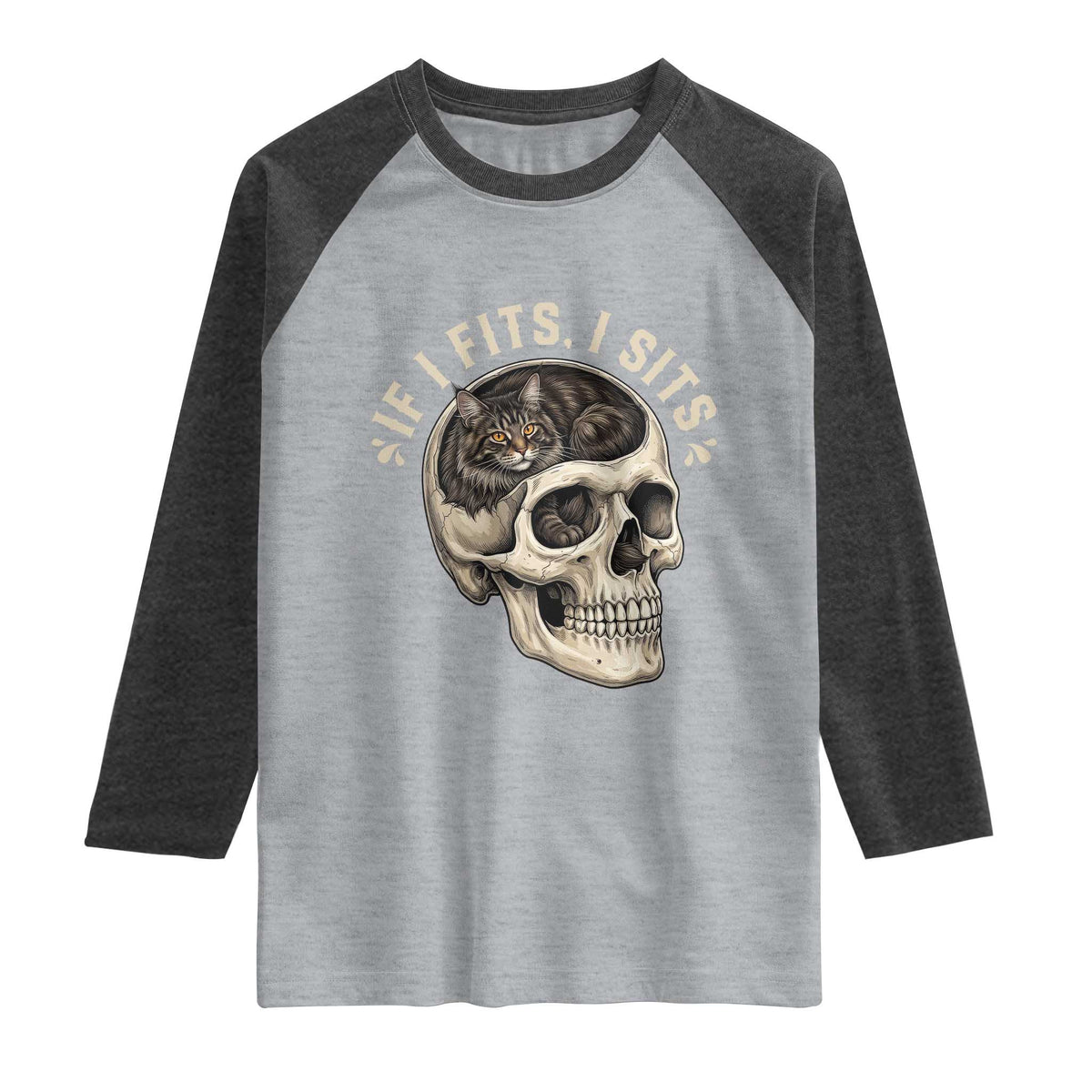 Funny Gothic Black Cat Skull Raglan Shirt If I Fits I Sits