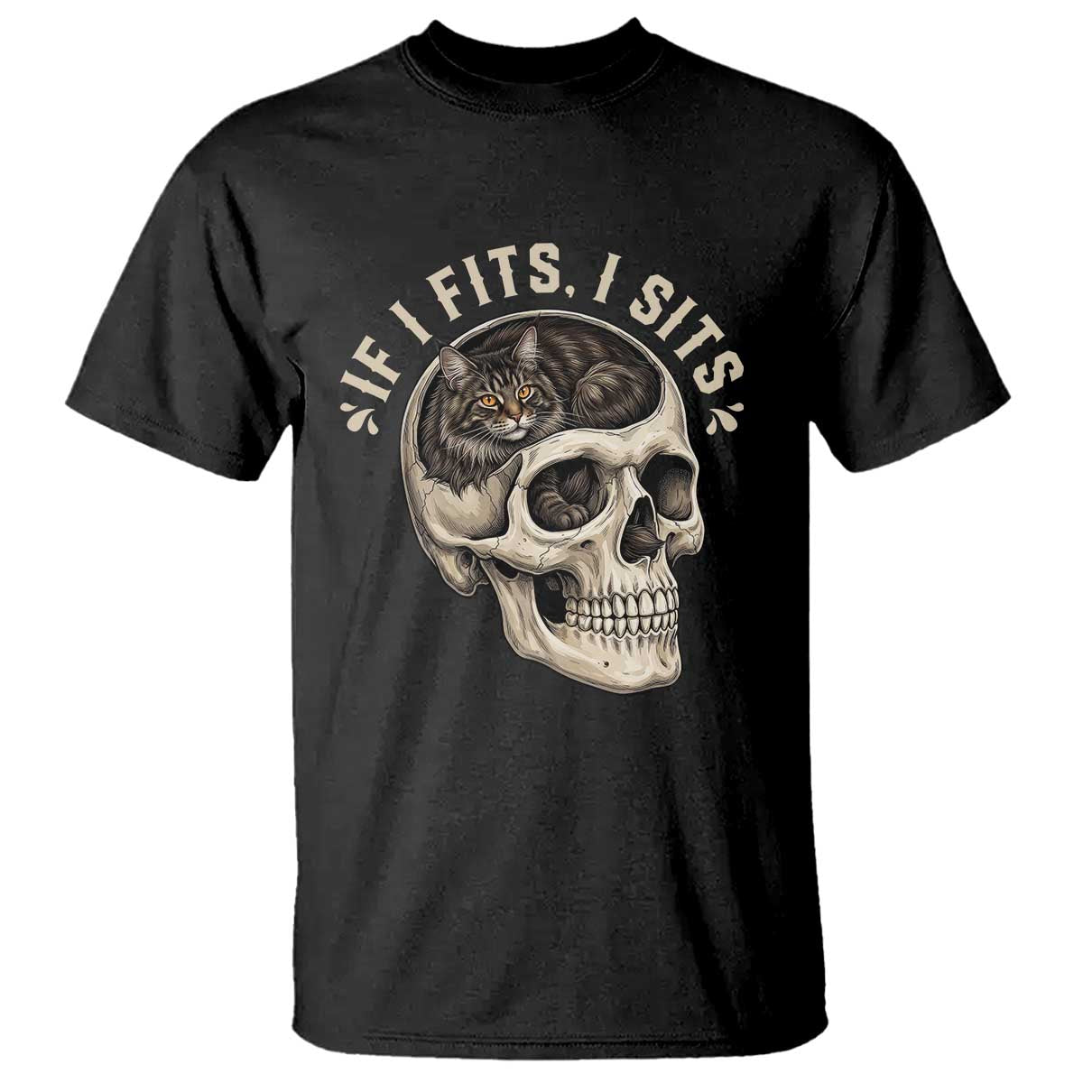 Funny Gothic Black Cat Skull T Shirt If I Fits I Sits