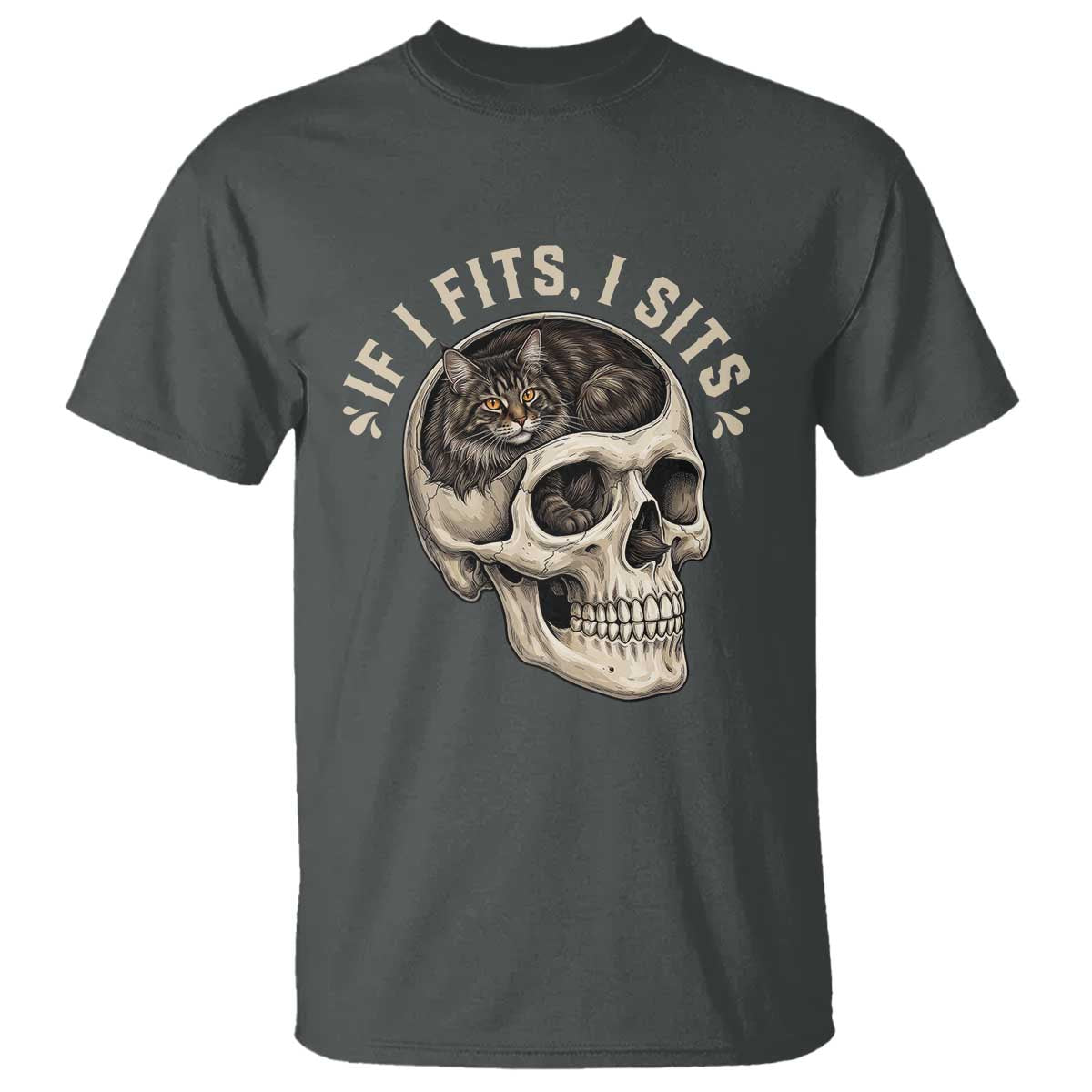 Funny Gothic Black Cat Skull T Shirt If I Fits I Sits