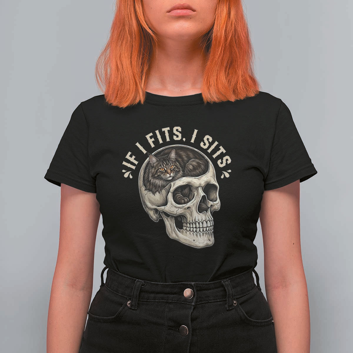 Funny Gothic Black Cat Skull T Shirt For Women If I Fits I Sits