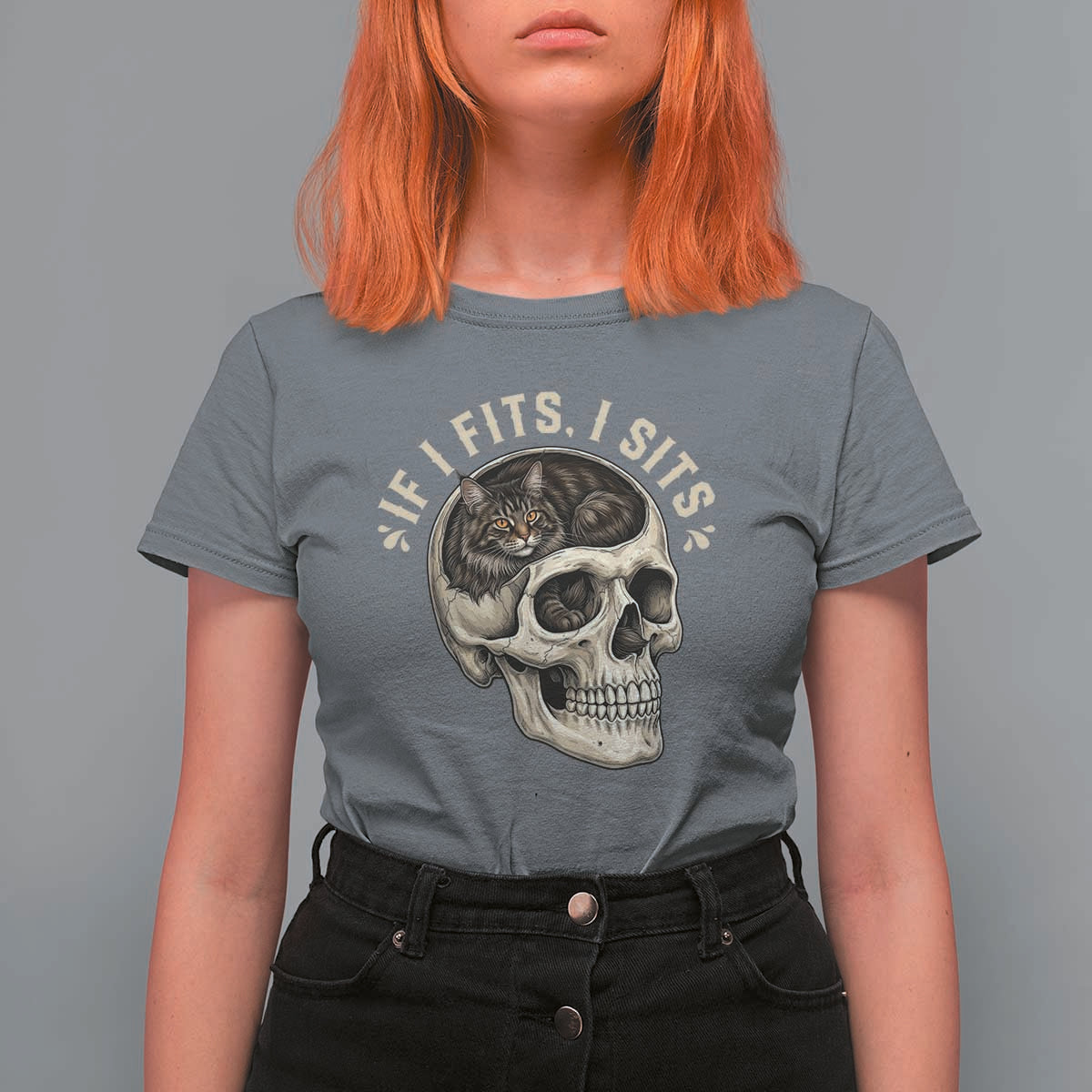 Funny Gothic Black Cat Skull T Shirt For Women If I Fits I Sits