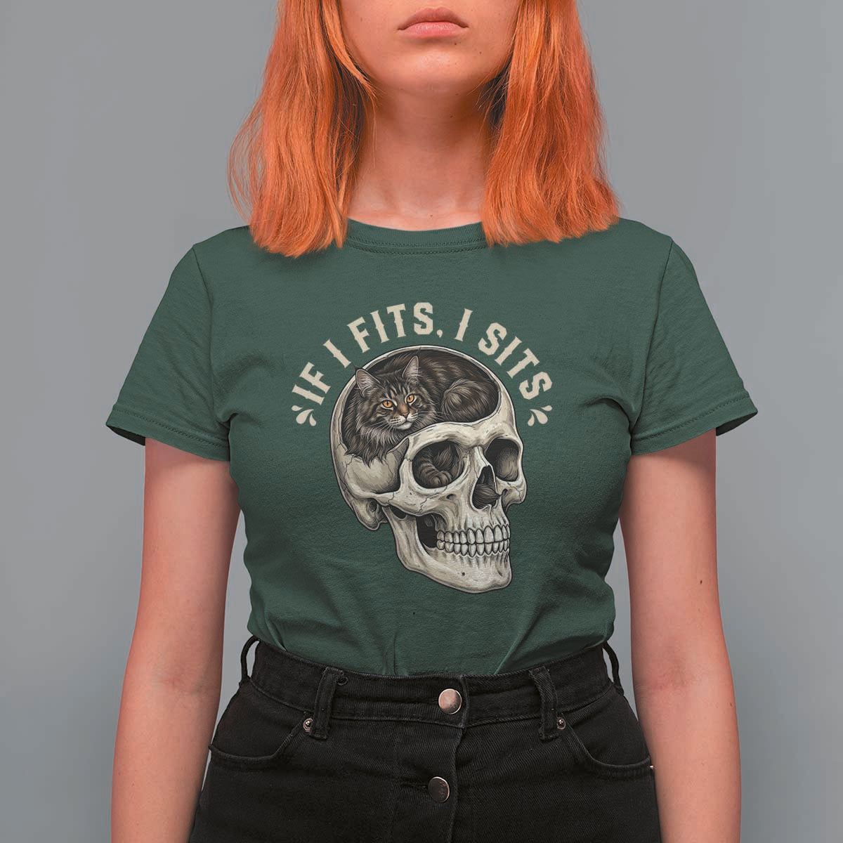 Funny Gothic Black Cat Skull T Shirt For Women If I Fits I Sits