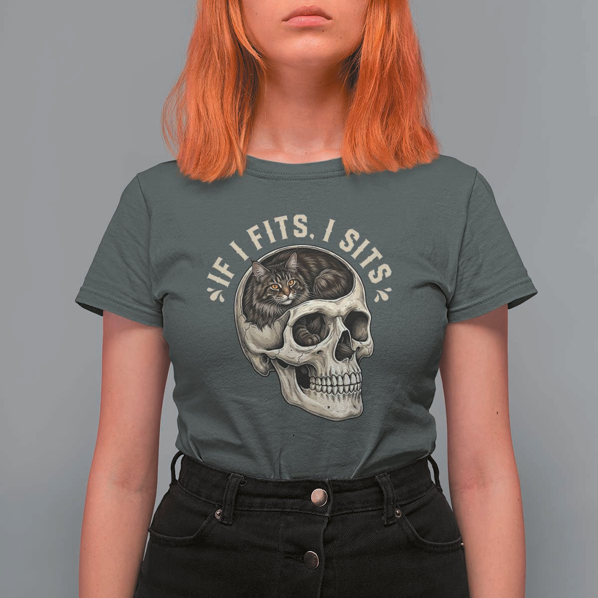 Funny Gothic Black Cat Skull T Shirt For Women If I Fits I Sits