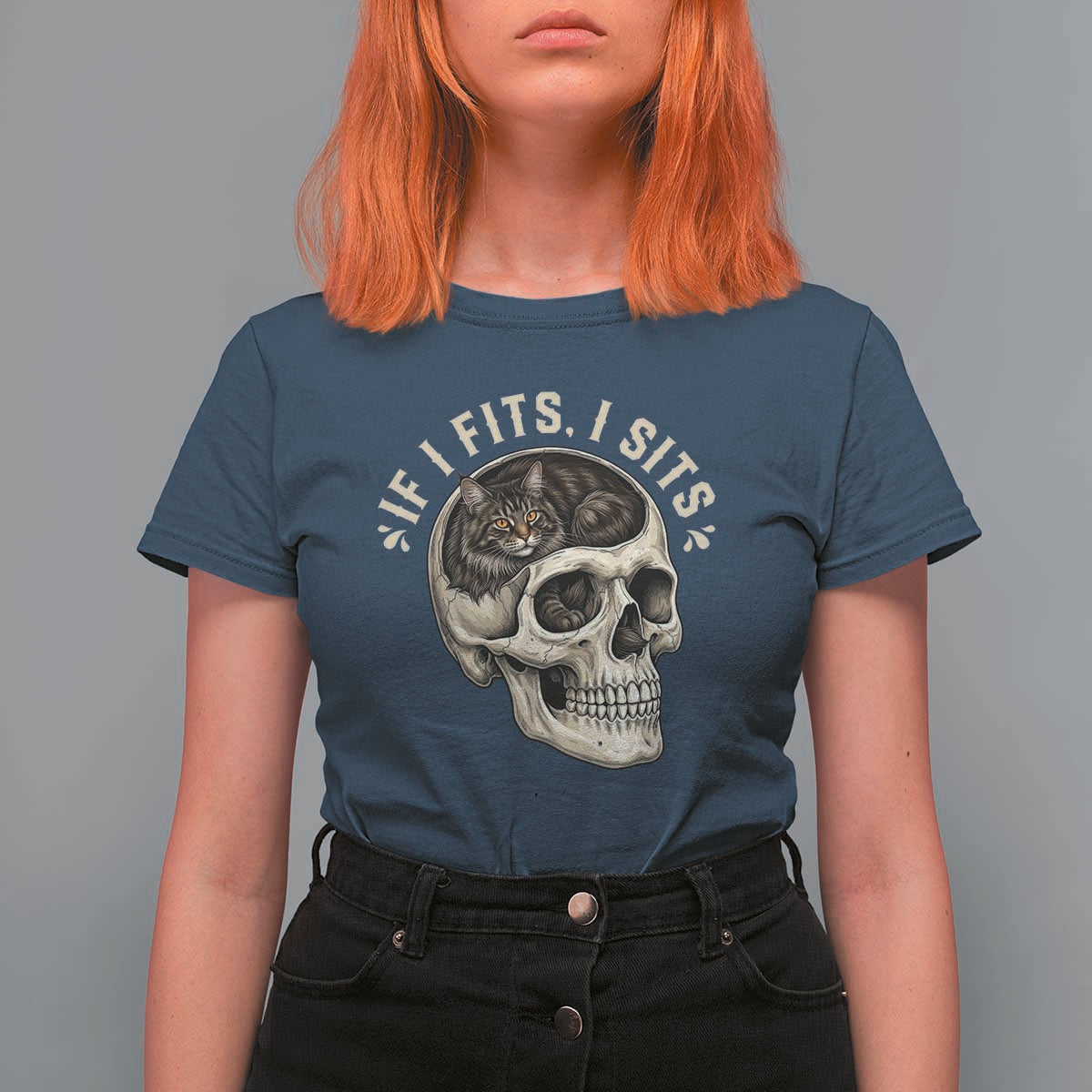 Funny Gothic Black Cat Skull T Shirt For Women If I Fits I Sits