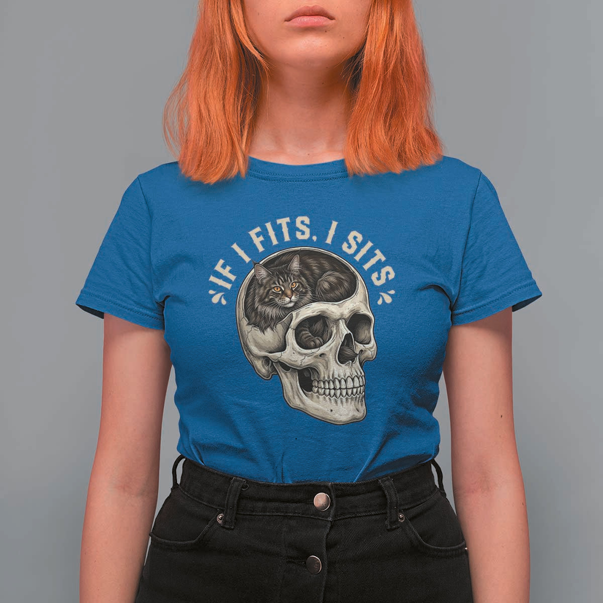 Funny Gothic Black Cat Skull T Shirt For Women If I Fits I Sits