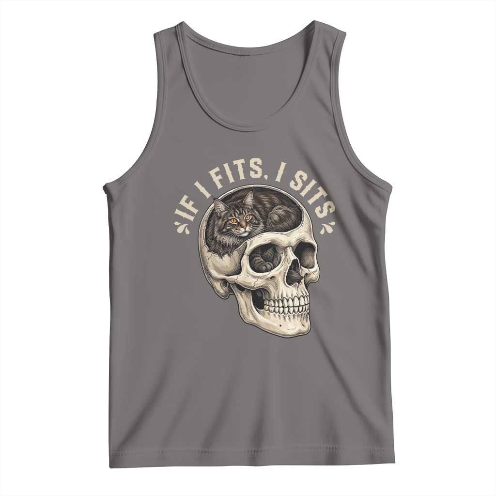 Funny Gothic Black Cat Skull Tank Top If I Fits I Sits