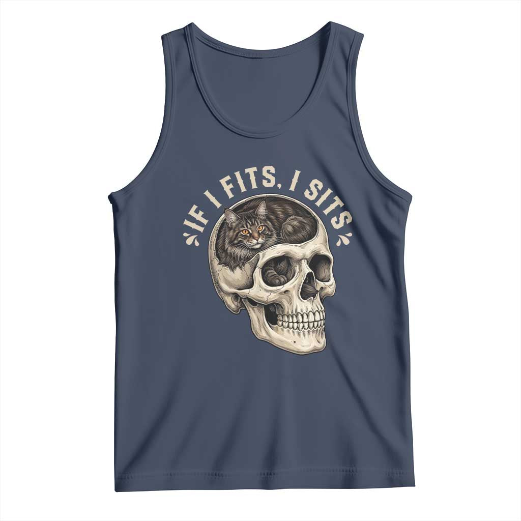 Funny Gothic Black Cat Skull Tank Top If I Fits I Sits