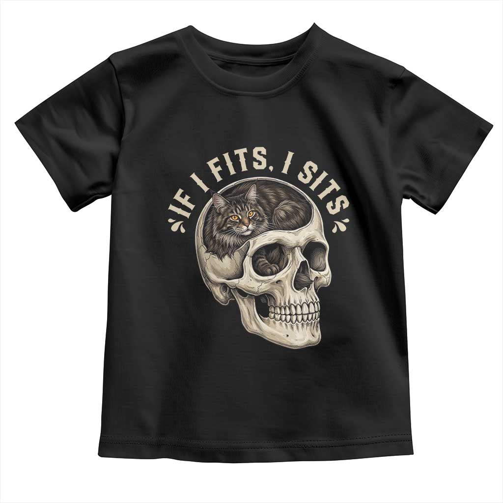 Funny Gothic Black Cat Skull Toddler T Shirt If I Fits I Sits