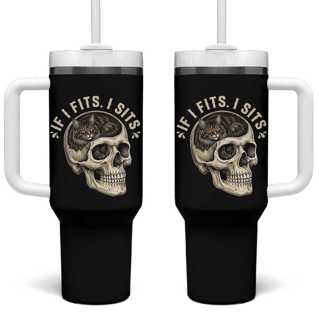 Funny Gothic Black Cat Skull Tumbler With Handle If I Fits I Sits