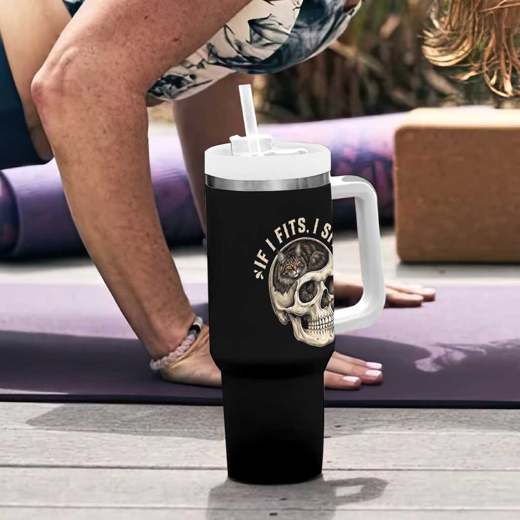 Funny Gothic Black Cat Skull Tumbler With Handle If I Fits I Sits