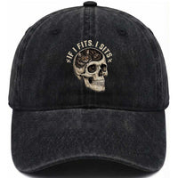 Funny Gothic Black Cat Skull Washed Cotton Baseball Cap If I Fits I Sits