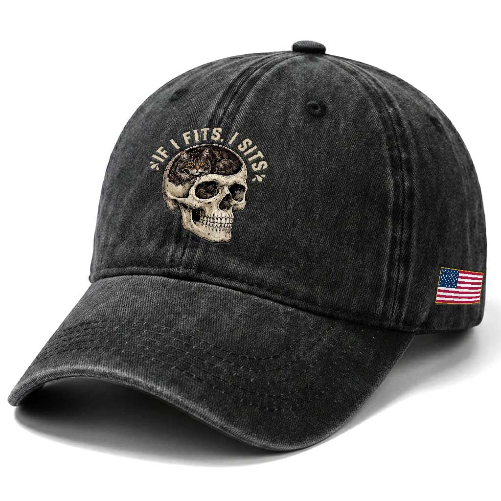 Funny Gothic Black Cat Skull Washed Cotton Baseball Cap If I Fits I Sits