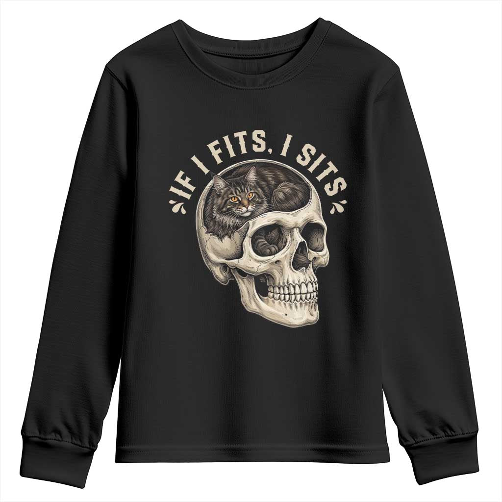 Funny Gothic Black Cat Skull Youth Sweatshirt If I Fits I Sits
