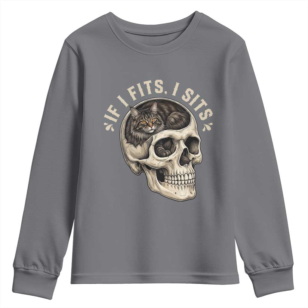 Funny Gothic Black Cat Skull Youth Sweatshirt If I Fits I Sits