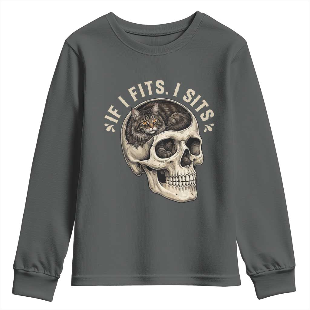 Funny Gothic Black Cat Skull Youth Sweatshirt If I Fits I Sits