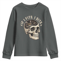 Funny Gothic Black Cat Skull Youth Sweatshirt If I Fits I Sits
