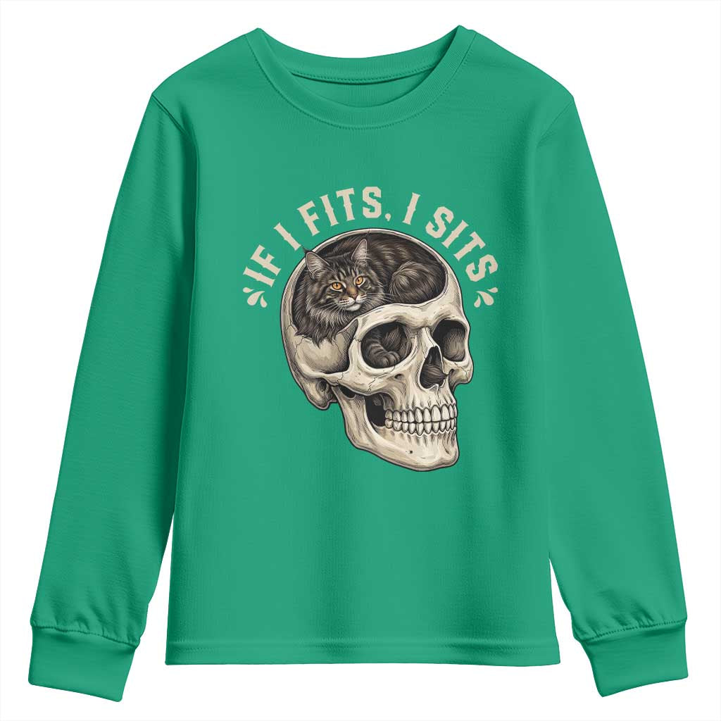 Funny Gothic Black Cat Skull Youth Sweatshirt If I Fits I Sits