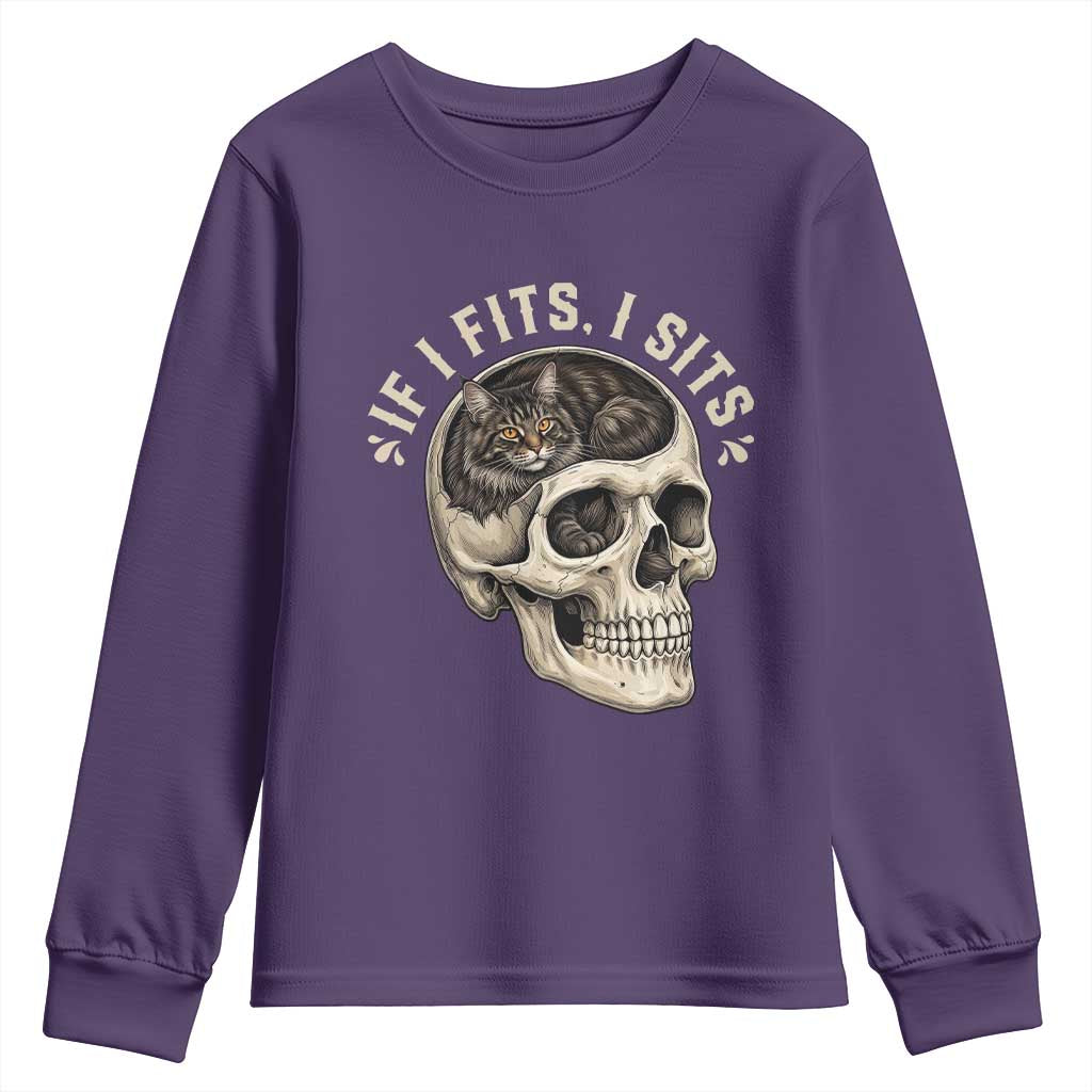 Funny Gothic Black Cat Skull Youth Sweatshirt If I Fits I Sits