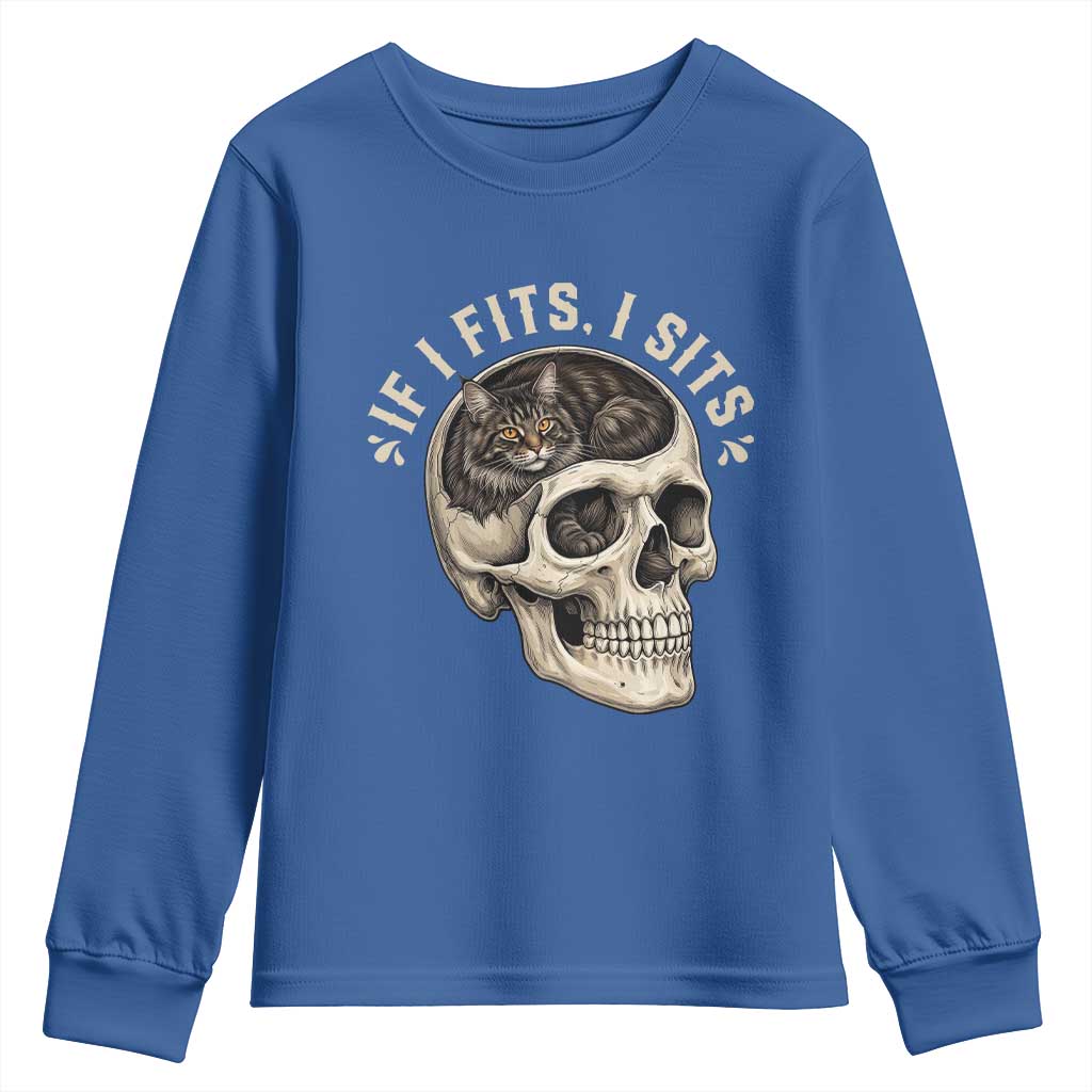 Funny Gothic Black Cat Skull Youth Sweatshirt If I Fits I Sits