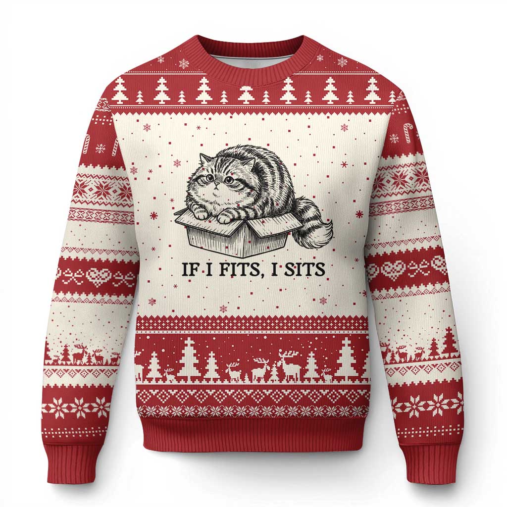 If I Fits I Sits Ugly Christmas Sweater Chubby Kitty Funny Cat Lover Gift