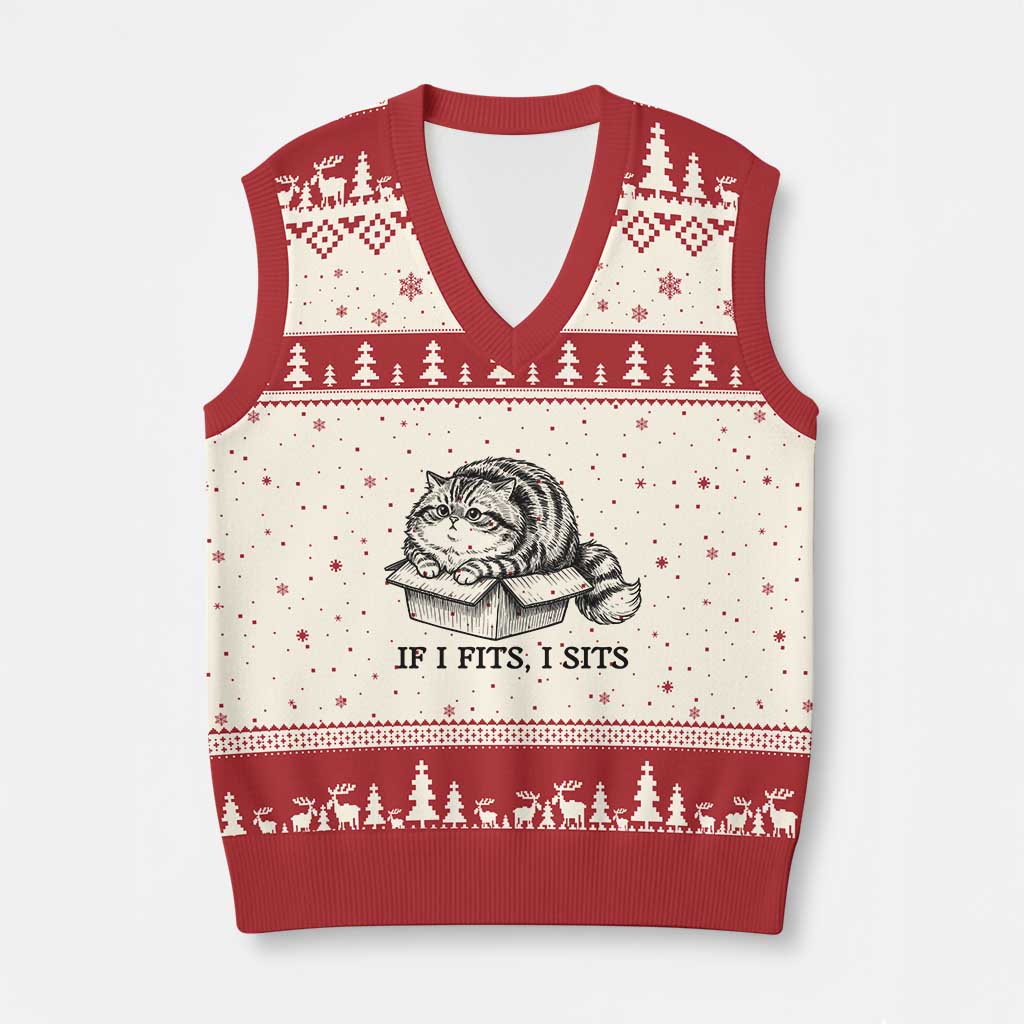 If I Fits I Sits V-Neck Knit Sweater Vest Chubby Kitty Funny Cat Lover Gift