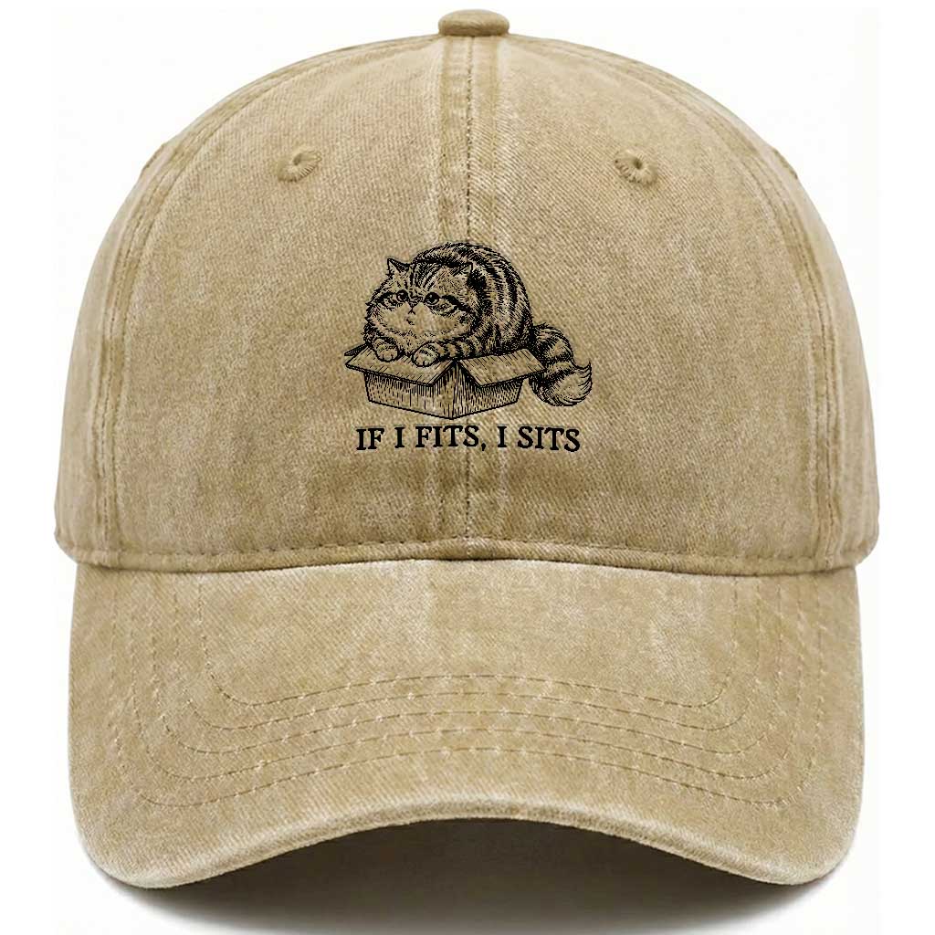 If I Fits I Sits Washed Cotton Baseball Cap Chubby Kitty Funny Cat Lover Gift