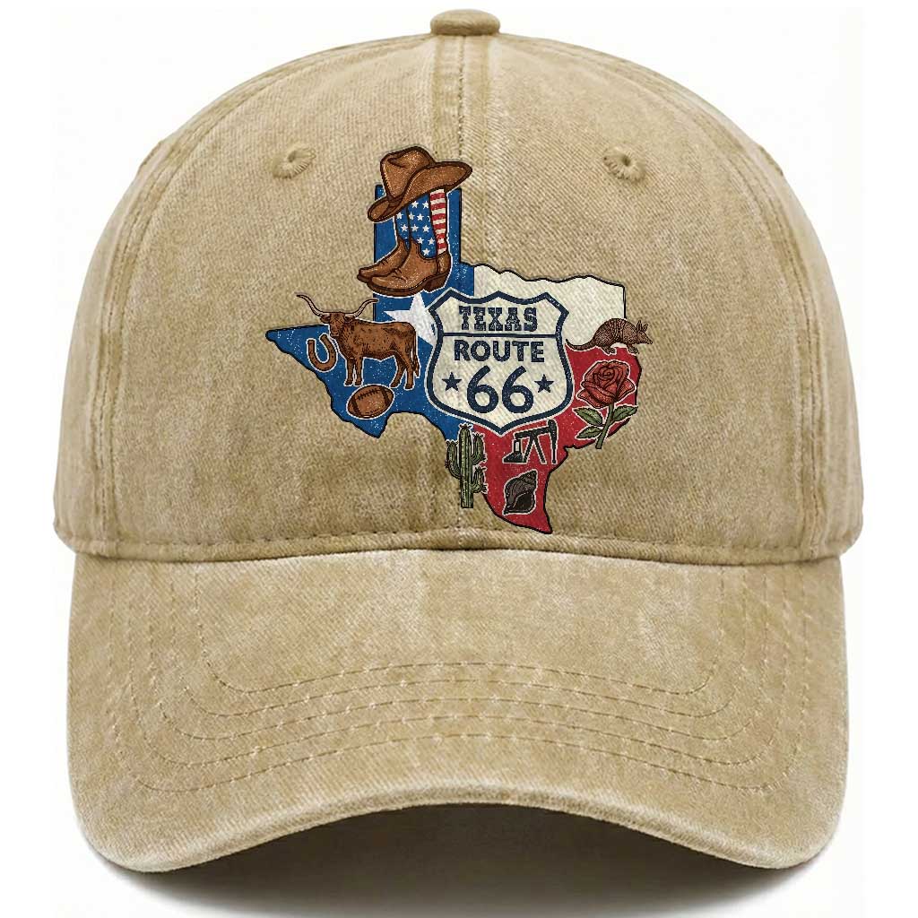 Texas Route Highway 66 Adventure Washed Cotton Baseball Cap Desert Road Trip Graphic
