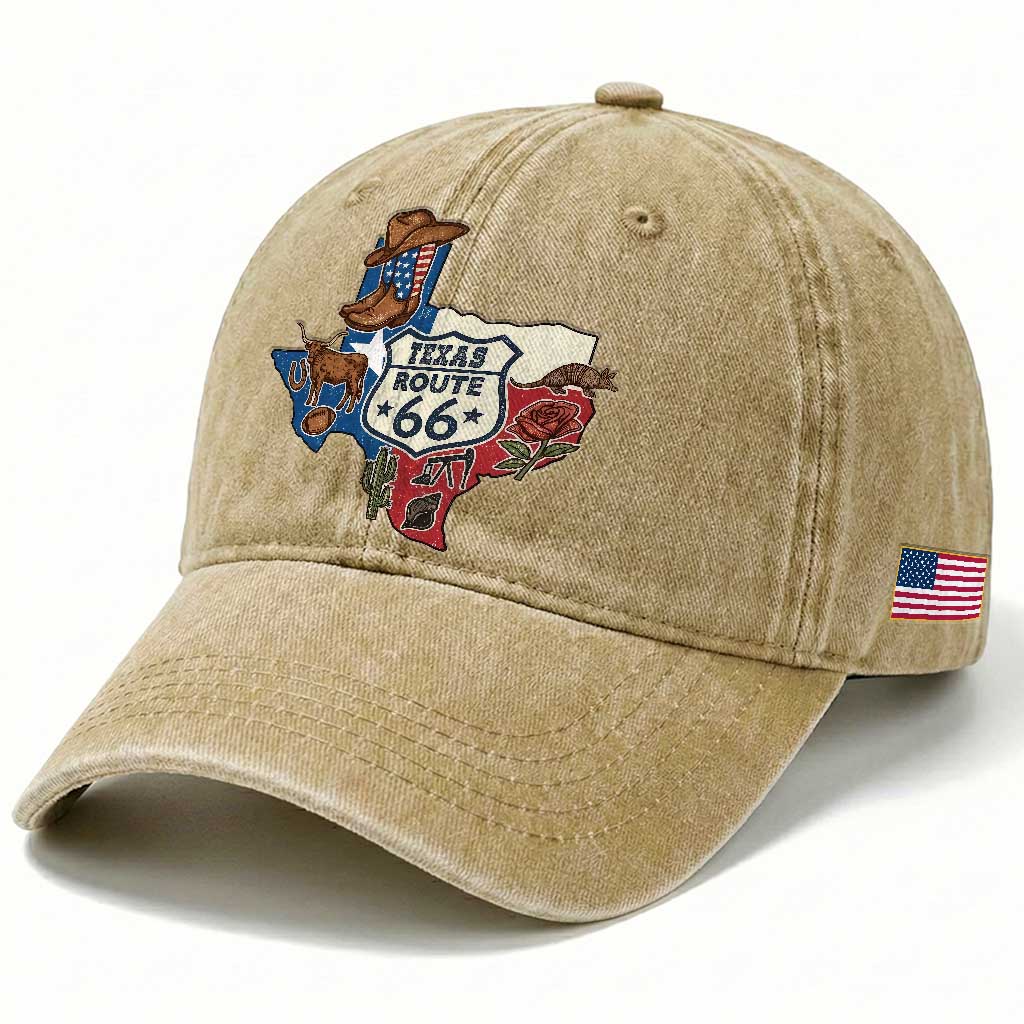 Texas Route Highway 66 Adventure Washed Cotton Baseball Cap Desert Road Trip Graphic