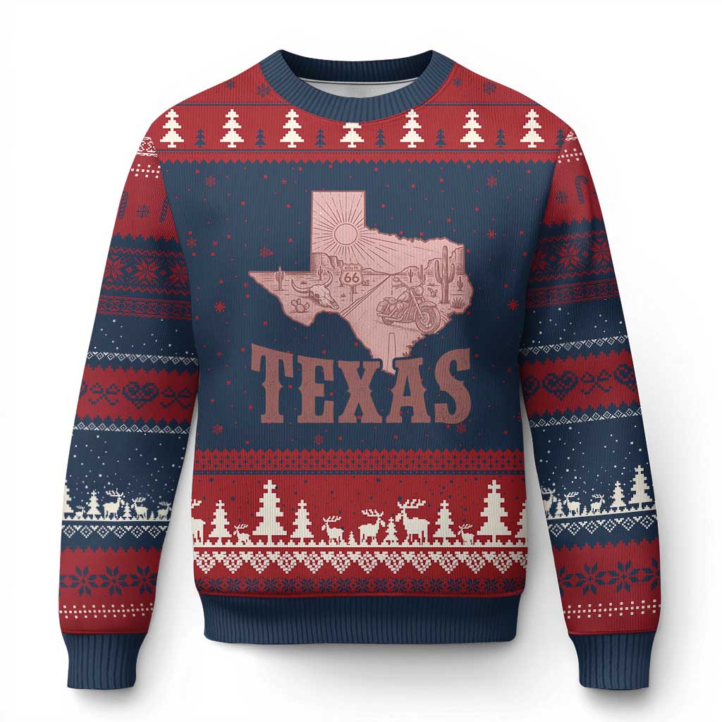 Texas Route Highway 66 Biker Ugly Christmas Sweater Vintage Biker Road Trip