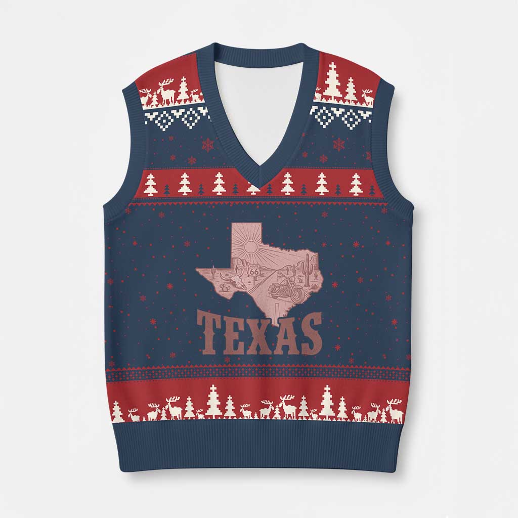 Texas Route Highway 66 Biker V-Neck Knit Sweater Vest Vintage Biker Road Trip