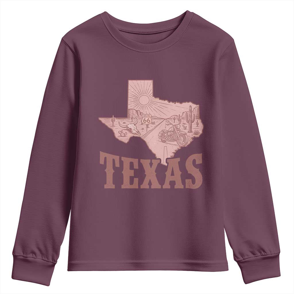 Texas Route Highway 66 Biker Youth Sweatshirt Vintage Biker Road Trip