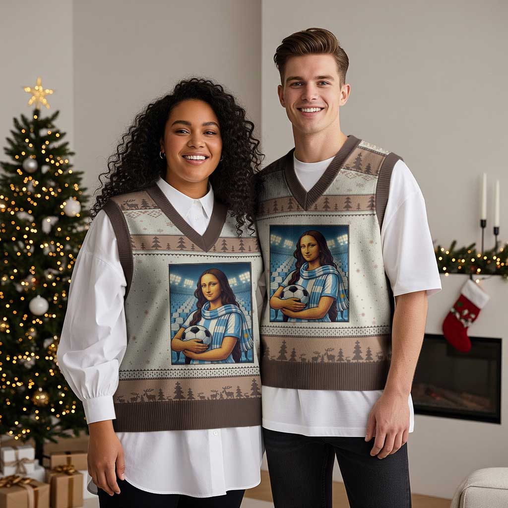 Funny Argentina Soccer Mona Lisa V-Neck Knit Sweater Vest Football Fan Pride Graphic