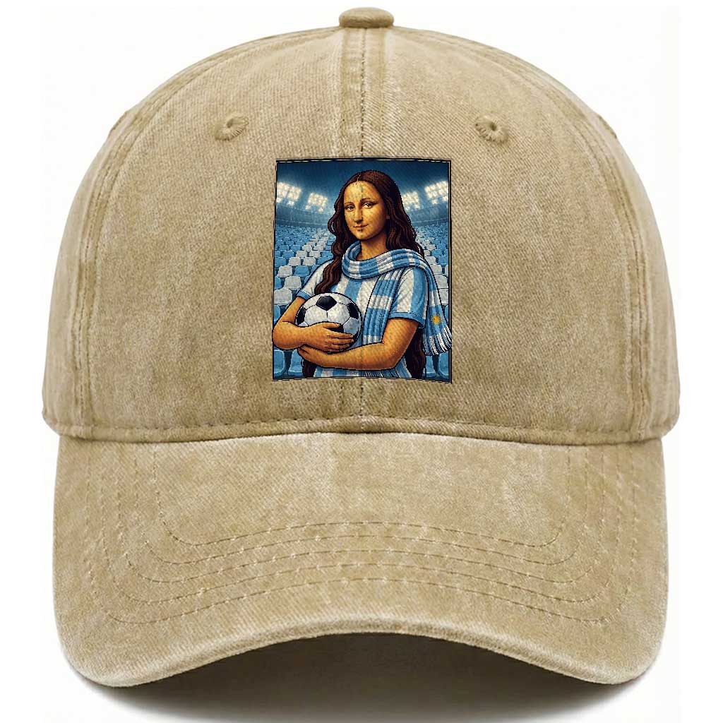 Funny Argentina Soccer Mona Lisa Washed Cotton Baseball Cap Football Fan Pride Graphic