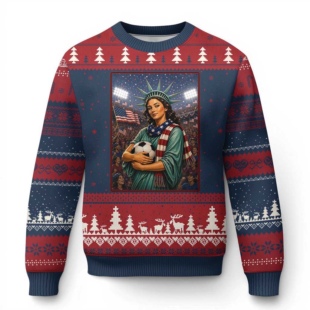 Funny Statue Of Liberty Soccer Gift Ugly Christmas Sweater USA Football Pride