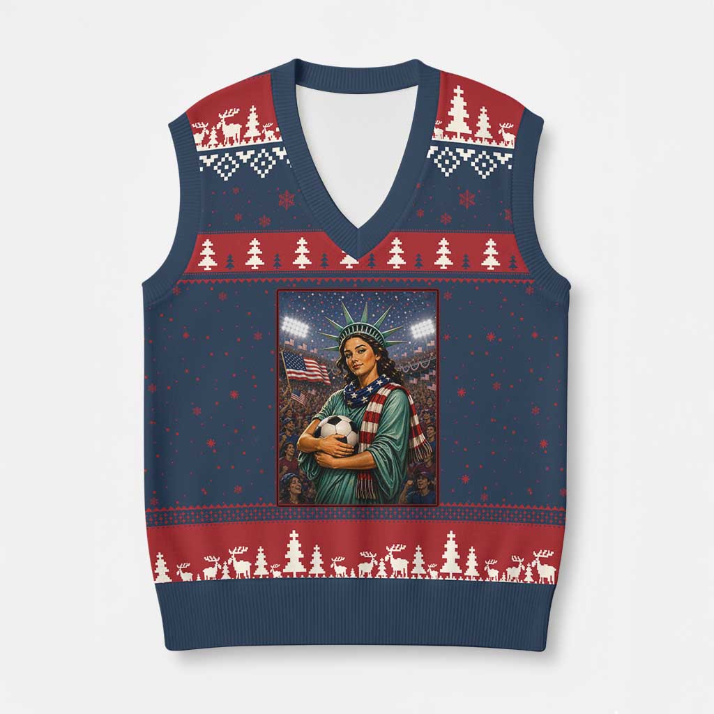 Funny Statue Of Liberty Soccer Gift V-Neck Knit Sweater Vest USA Football Pride