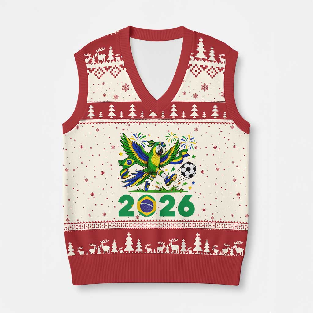 Funny Brazil Soccer Macaw V-Neck Knit Sweater Vest 2026 Football Fan Graphic