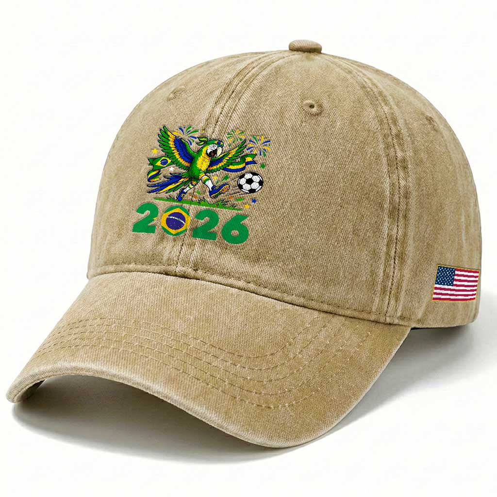 Funny Brazil Soccer Macaw Washed Cotton Baseball Cap 2026 Football Fan Graphic