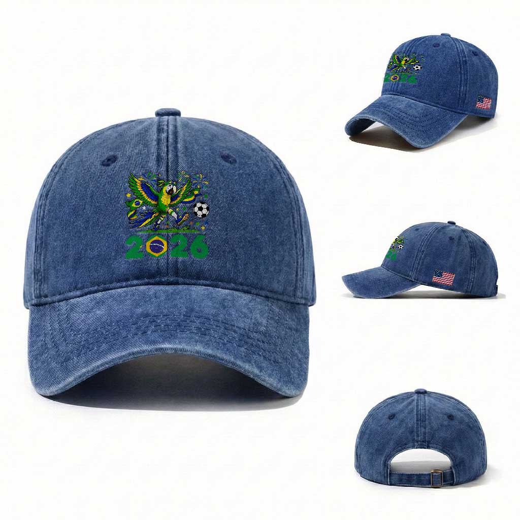 Funny Brazil Soccer Macaw Washed Cotton Baseball Cap 2026 Football Fan Graphic