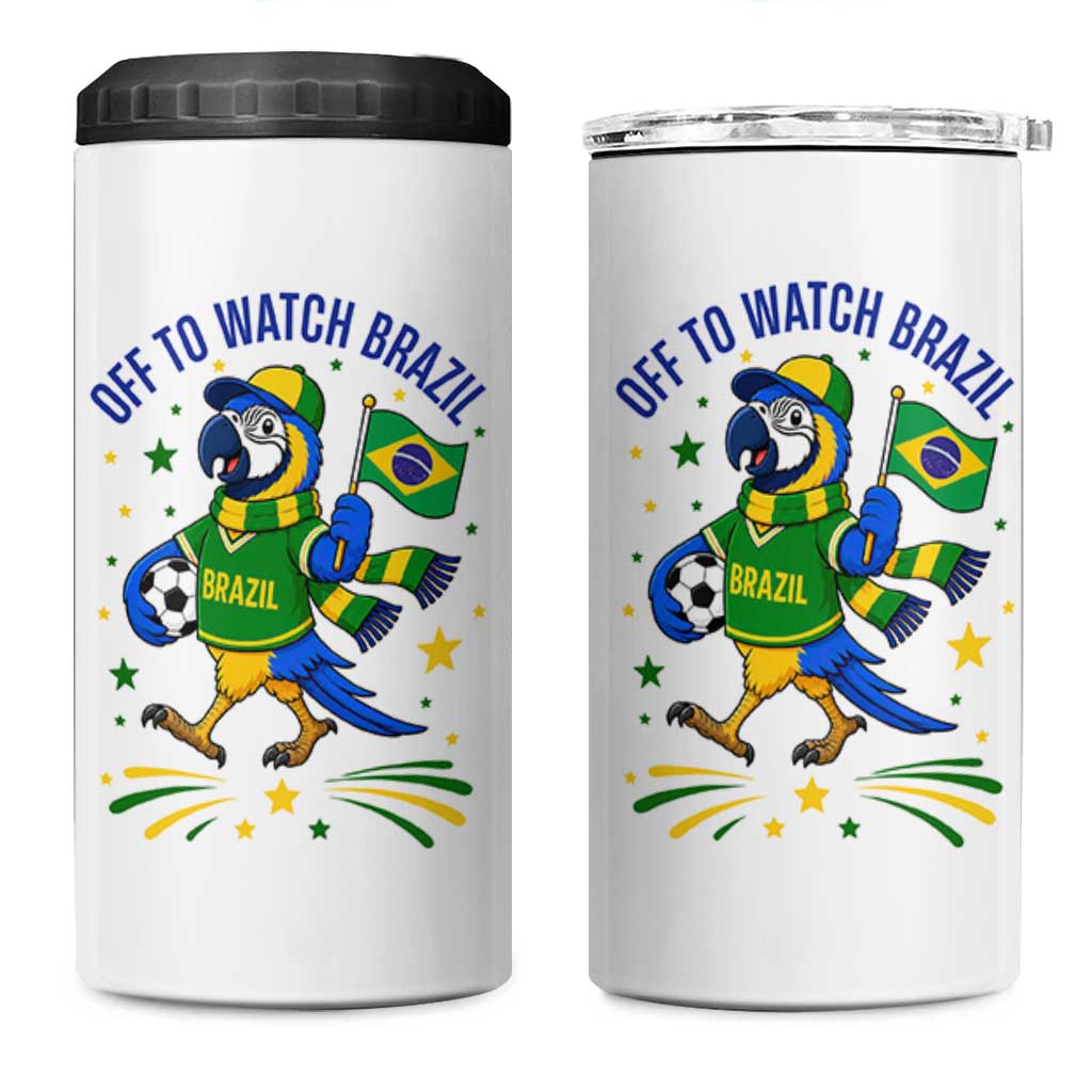 Off To Watch Brazil 4 in 1 Can Cooler Tumbler Funny Tropical Bird Soccer Fan