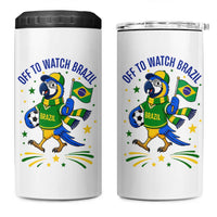 Off To Watch Brazil 4 in 1 Can Cooler Tumbler Funny Tropical Bird Soccer Fan