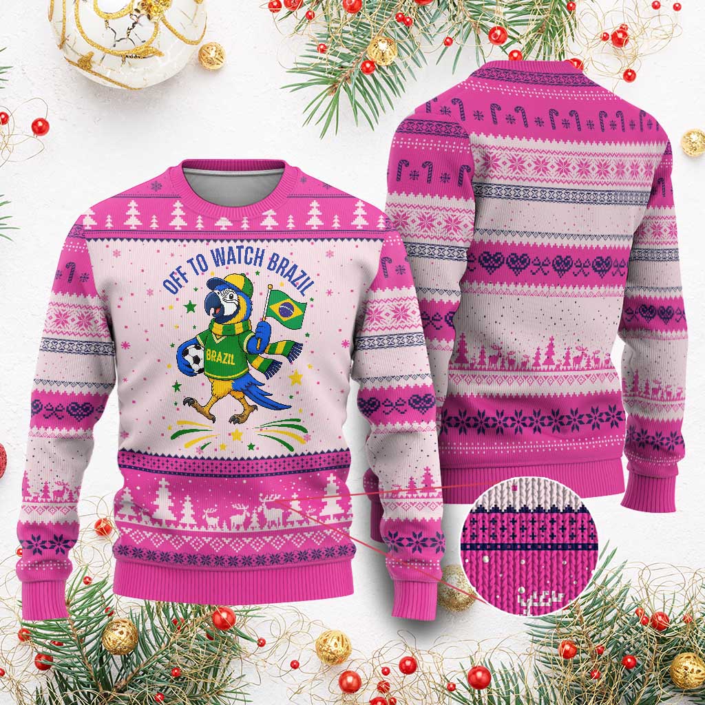Off To Watch Brazil Ugly Christmas Sweater Funny Tropical Bird Soccer Fan