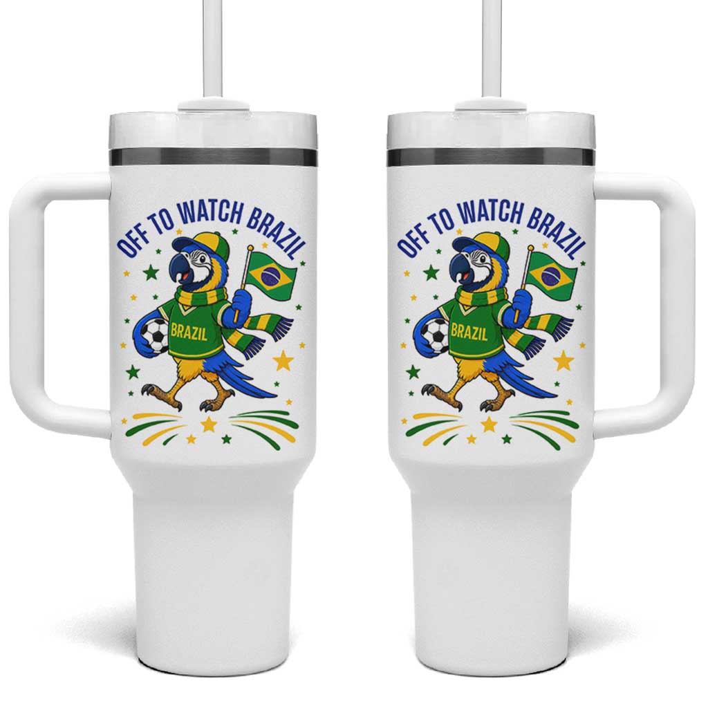 Off To Watch Brazil Tumbler With Handle Funny Tropical Bird Soccer Fan