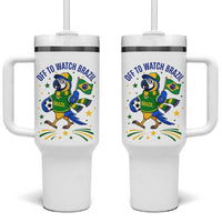 Off To Watch Brazil Tumbler With Handle Funny Tropical Bird Soccer Fan