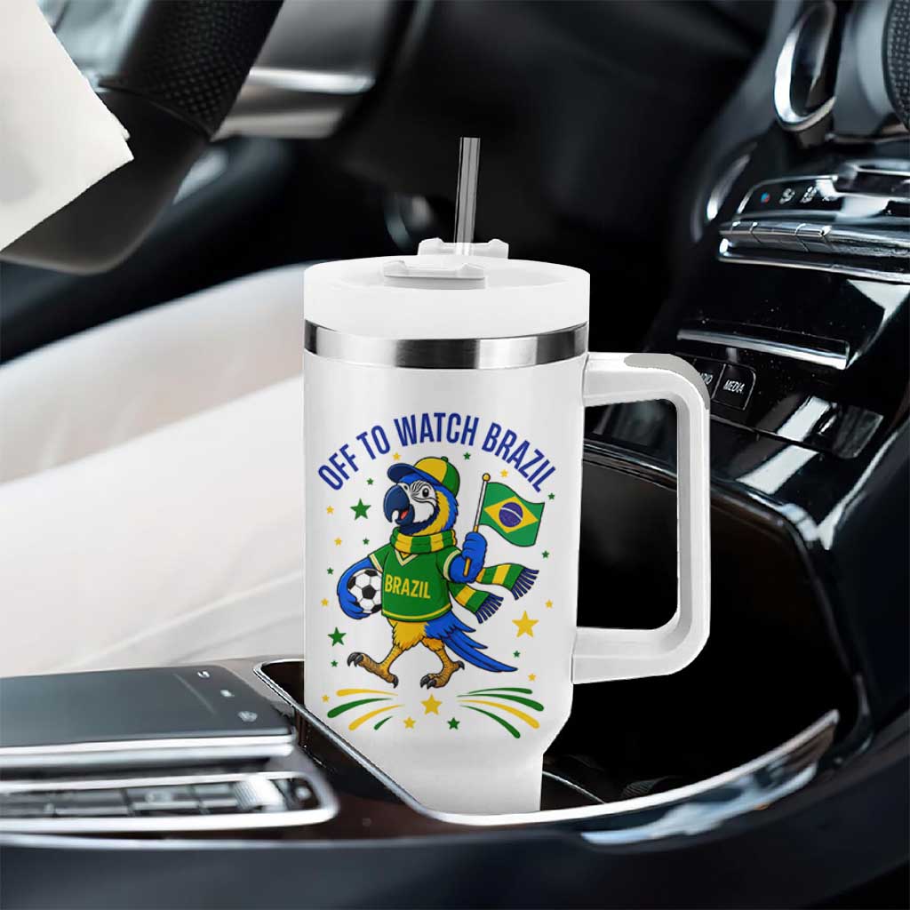 Off To Watch Brazil Tumbler With Handle Funny Tropical Bird Soccer Fan