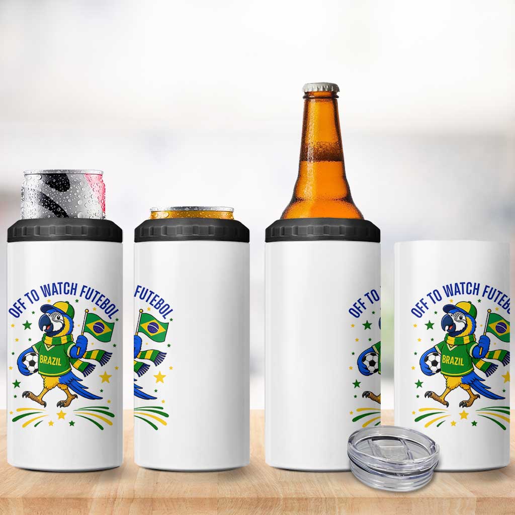 Off To Watch Futebol 4 in 1 Can Cooler Tumbler Funny Brazil Macaw Soccer Fan