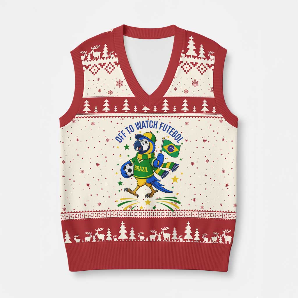 Off To Watch Futebol V-Neck Knit Sweater Vest Funny Brazil Macaw Soccer Fan