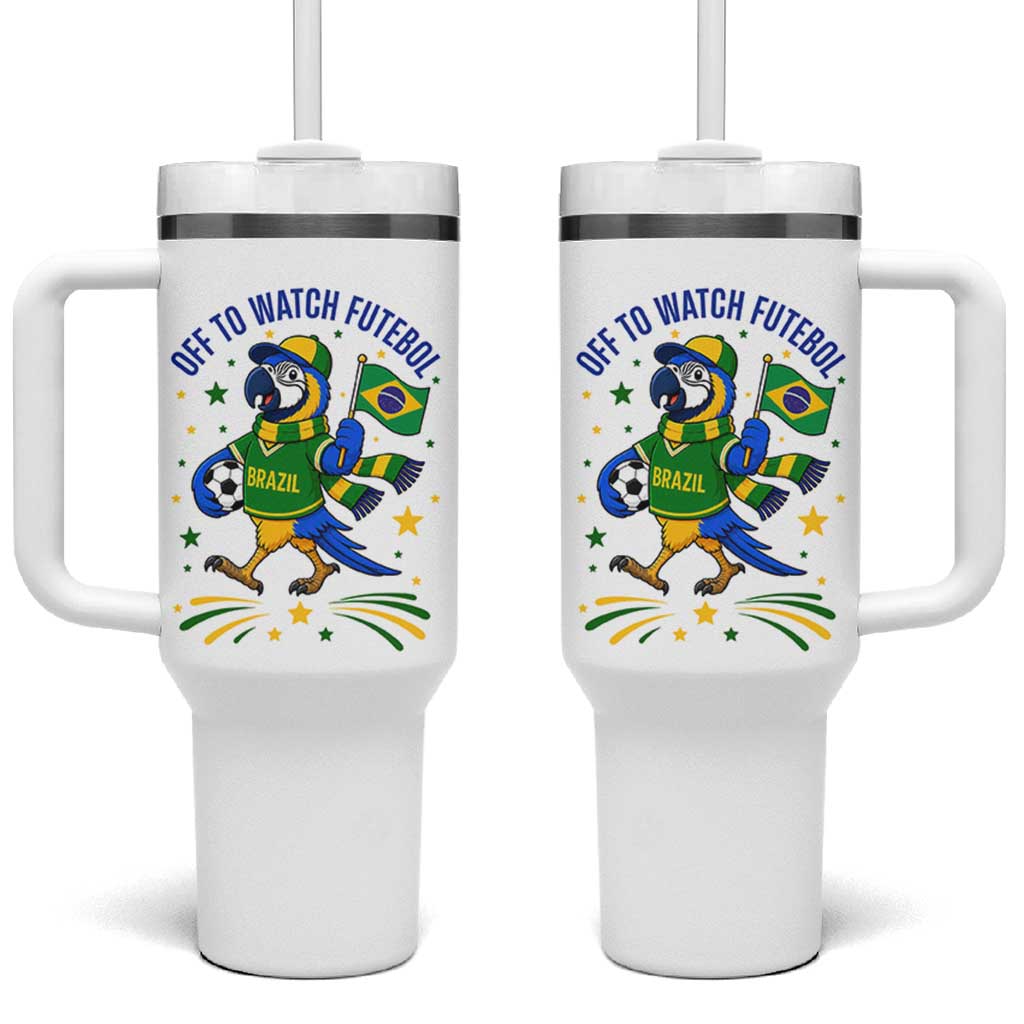Off To Watch Futebol Tumbler With Handle Funny Brazil Macaw Soccer Fan
