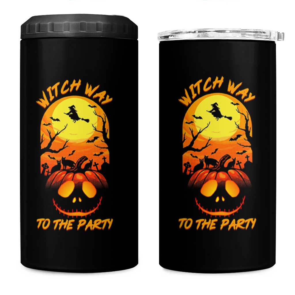 Halloween Witch Way To The Party 4 in 1 Can Cooler Tumbler Black Cat Pumpkin