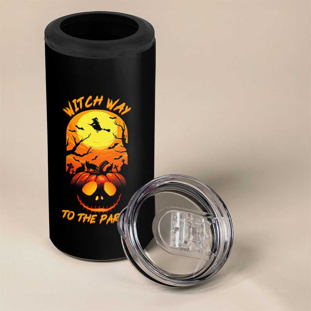 Halloween Witch Way To The Party 4 in 1 Can Cooler Tumbler Black Cat Pumpkin