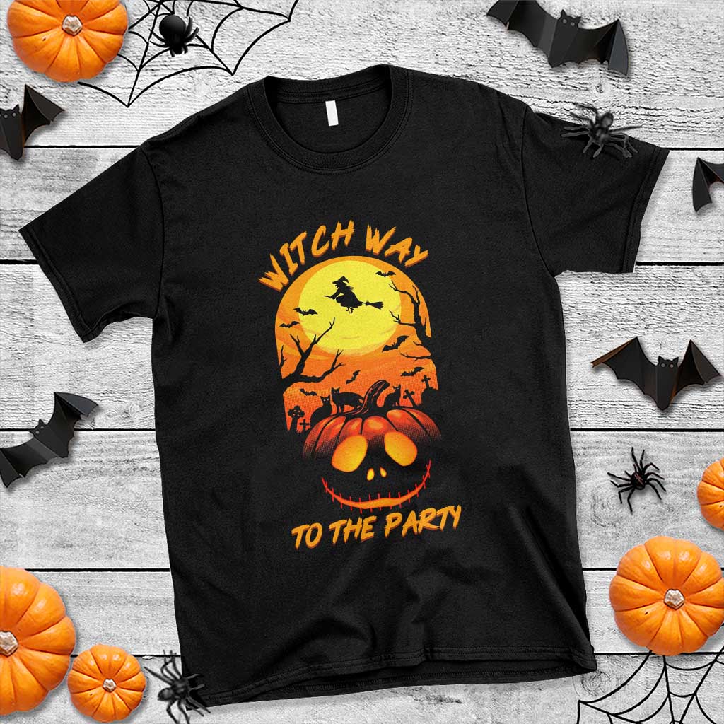 Halloween Witch Way To The Party T Shirt Black Cat Pumpkin - Wonder Print Shop